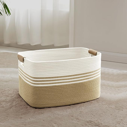 Laundry basket with leather handles for clothes,blankets,pillows,toys,towels,suitable for bedrooms and living rooms,cotton woven laundry hamper,extra large gift basket,18"x14"x11",Khaki