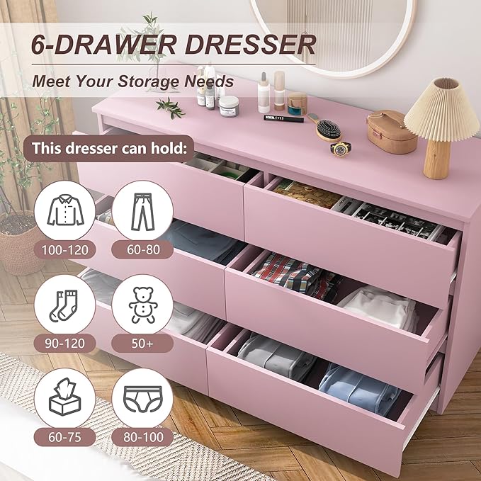 Pink Dresser for Bedroom, Modern 6 Drawer Dresser with Deep Drawer,Wide Storage Chest of Drawers, Bedroom Storage Organizer Furniture,TV Stand for Living Room