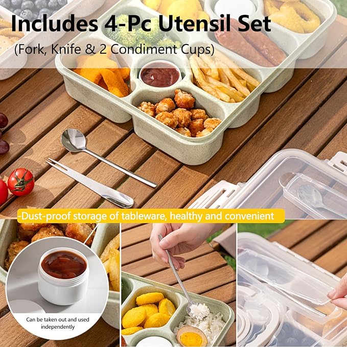 (Diswasher Safe) Divided Snackle Box Container with Lid,Snack Box Container with Cutlery Storage,Fork and Spoon,Fruit Tray,Portable Snack Organizer