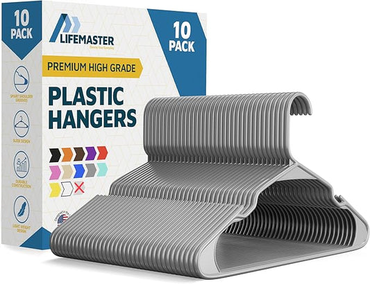 Plastic Clothes Hangers – Heavy Duty Hanger Set, for Organizing Clothes, Dresses, and Coat, Holds Up to 5 lbs, Space-Saving Hangers with Non-Slip Shoulder Grooves, Pack of 10, Gray