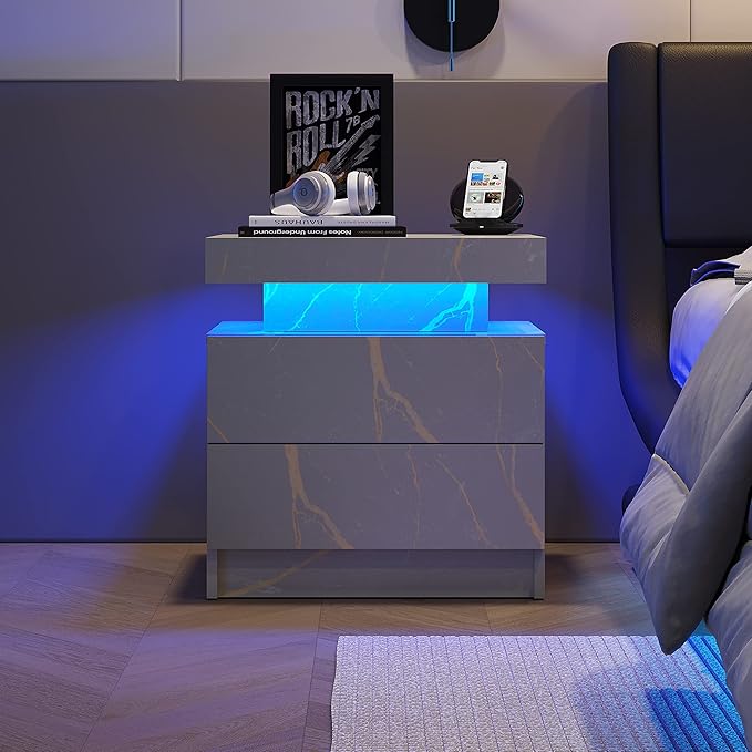 LED Nightstands Set of 2, Modern End Side Table with 2 Drawers, LED Bedroom Furniture for Bedroom and Living Room, Grey Marble Pattern