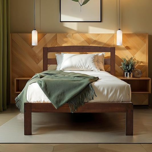 Hokway Wood Twin Bed Frames with Headboard-No Wobble,Noise-Free,Easy Assembly with Precise Holes,12 in Reinforced Center Legs,No Box Spring Needed,Walnut