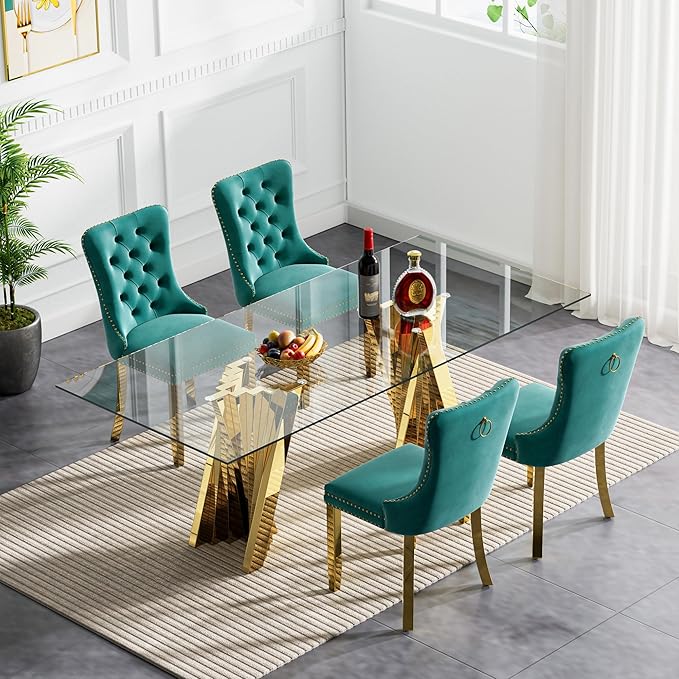 Goujxcy 70" Glass Dining Table Set for 4, Modern Gold Dining Table Set with 4 Green Velvet Upholstered Dining Chairs, 5 Piece Kitchen Dining Room Table Set with Stainless Steel Legs