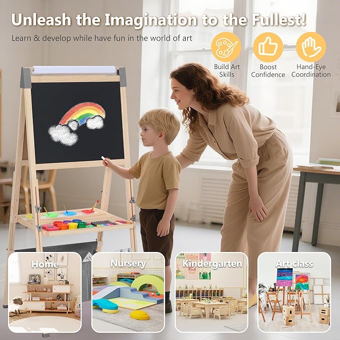Kinder King 3 in 1 Wooden Kids Easel, Adjustable Double-Sided Art Easel for Kids, Magnetic Whiteboard & Chalkboard, Paper Roller, Art Supplies, Painting Drawing Easel Toddler Gift Ages 3+, Grey