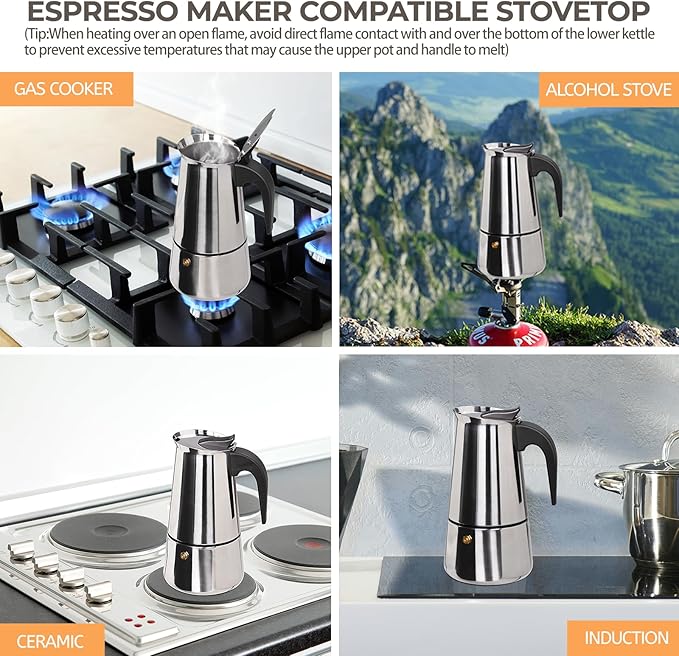 6 Cup 300ml Moka Pot Stainless Steel Espresso Coffee Maker Stovetop Percolator Coffeemaker Italian Classic Style Brewing Greca Cafe Mocha Machine for Cafeteras Lover Camping Travel and Home Use 10oz