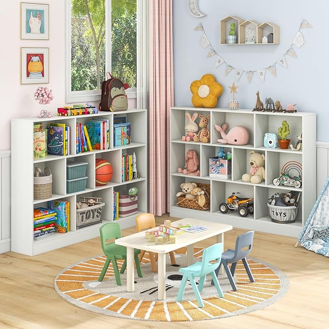 Costzon 10 Cube Bookshelf for Kids, Wooden Toy Storage Organizer w/ 2 Anti-Toppling Kits, 3 Tier Open Shelves & Non-Slip Foot Pads, Book Shelf for Kids Rooms, Playroom, Classroom, Nursery (White)