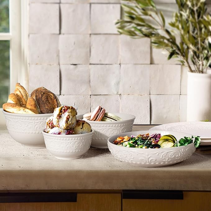 Small Ceramic Bowls - 14 Oz Ice Cream Bowls Set of 4, White Embossment Dessert Bowl for Kitchen, Soup, Side Dishes, Oatmeal, Rice, 4.75 Inch Microwave Oven Safe(Brocade Flower)