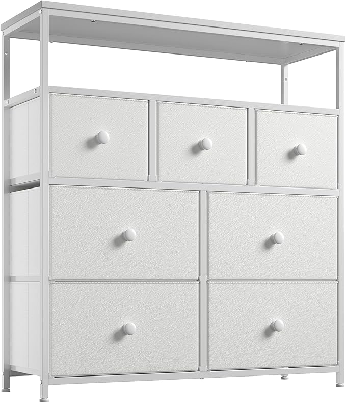 EnHomee Dresser for Bedroom with 7 Drawers and 2 Shelves,Tv Stand for Bedroom White Fabric Dresser for Closet,Hallway,Entryway,Dormitory