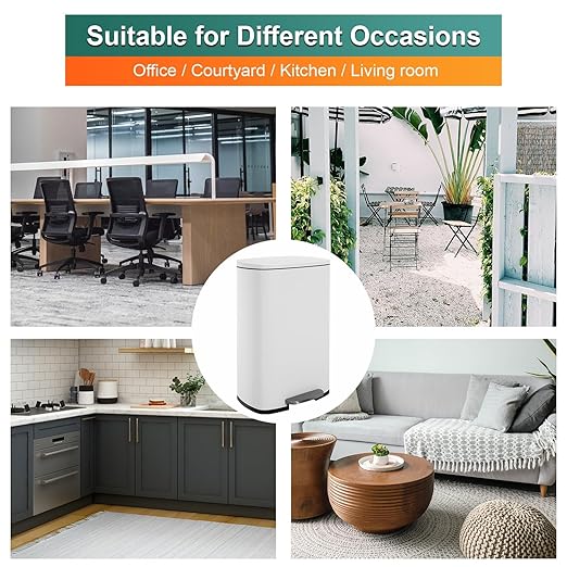 BestOffice 13 Gallon (50L) Trash Can with Lid Garbage Can Commercial Trash Can with Soft-Close Foot Pedal Fingerprint Proof Stainless Steel Trash Can for Kitchen Home Office Bedroom Bathroom, White