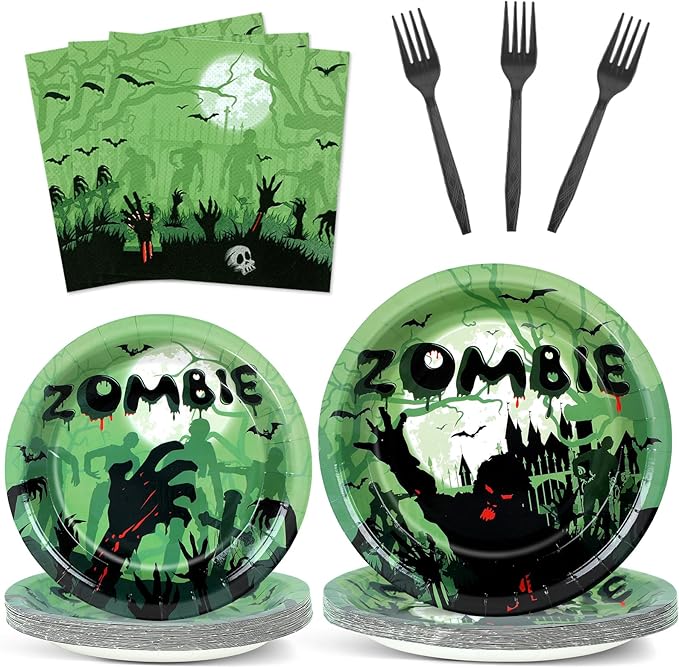 Wiooffen 96 Pcs Zombie Halloween Party Plates Napkins Tableware Set Halloween Birthday Party Supplies Disposable Paper Dinnerware Zombie Theme Table Decoration Favors for Birthday, 24 Guests