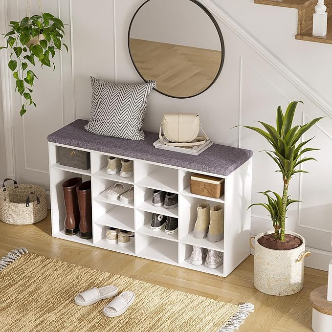 DINZI LVJ Shoe Storage Bench with Cushion, 14-Cubby Shoe Rack, Adjustable Shelves, Multifunctional Shoe Organizer Bench for Entryway, Mudroom, Hallway, Living Room, Bedroom and Garage, White
