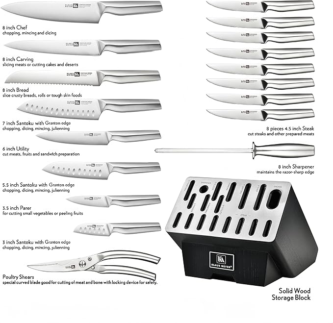 19 Piece Contour High Carbon Stainless Steel Kitchen Knife Set with Knife Sharpener Non-Slip Handles Knife Set with Block