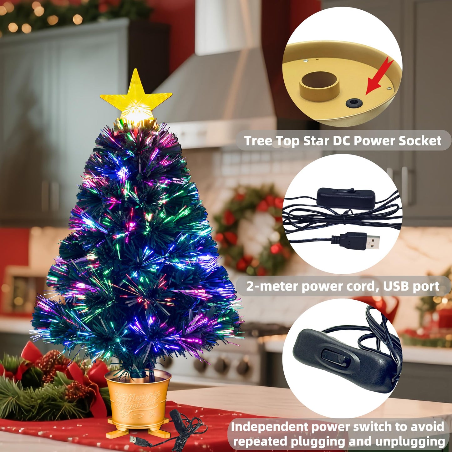 YUETJIN 24inch Pre-lit Mini Fiber Optic Tabletop Artificial Christmas Tree，Small Xmas Tree with Stars Decorations-Gold