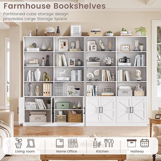 Farmhouse Bookshelf and Bookcase with 4 Doors Set of 2, 6 Tier Large Book Shelf with Storage Cabinets, Floor Standing Display Shelves, 71” Tall Book Case for Home Office, White