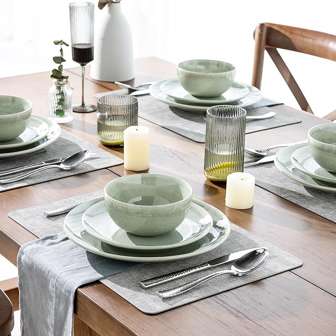 AmorArc Ceramic Dinnerware Sets for 4, 12 Pieces Handpainted Plates and Bowls Set, Scratch Resistant Stoneware Dishes Set, Dishwasher & Microwave Safe, Olive Green