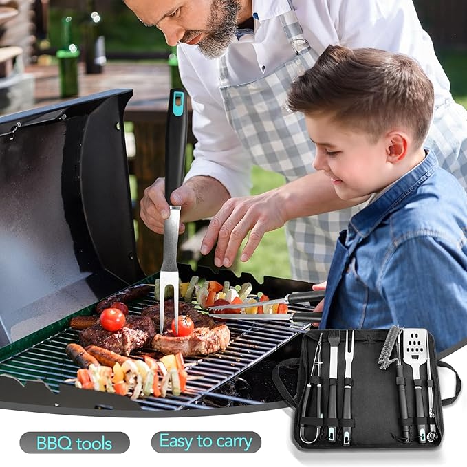 5-Piece Good Grips BBQ Grill Tool Set – Extra Tough Metal Wire Brush Cleaner, Stainless Steel Spatula, Fork, Tongs, Basting Brush for Outdoor Grilling, Camping - Perfect Grill Gifts for Men Dad