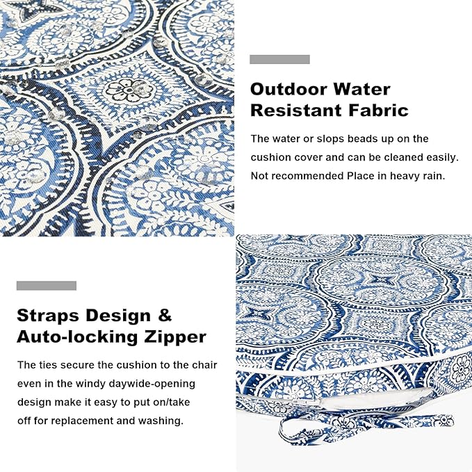 Set of 4 Outdoor Chair Cushions 19"x19"x2",Water Repellent Dining Seat Cushion with Ties and Removable Covers, Chair Cushions for Indoor and Patio Furniture, Medallion Blue