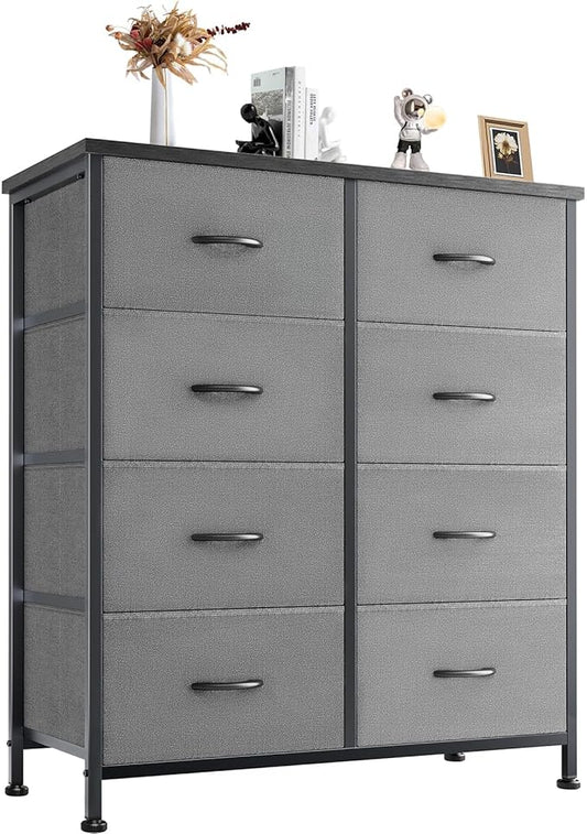 DUMOS Dresser for Bedroom with 8 Fabric Drawers, Tall Chest Organizer Units for Clothing, Closet, Kidsroom, Storage Tower with Cabinet, Metal Frame, Wooden Top, Lightweight Nursery Furniture, Grey