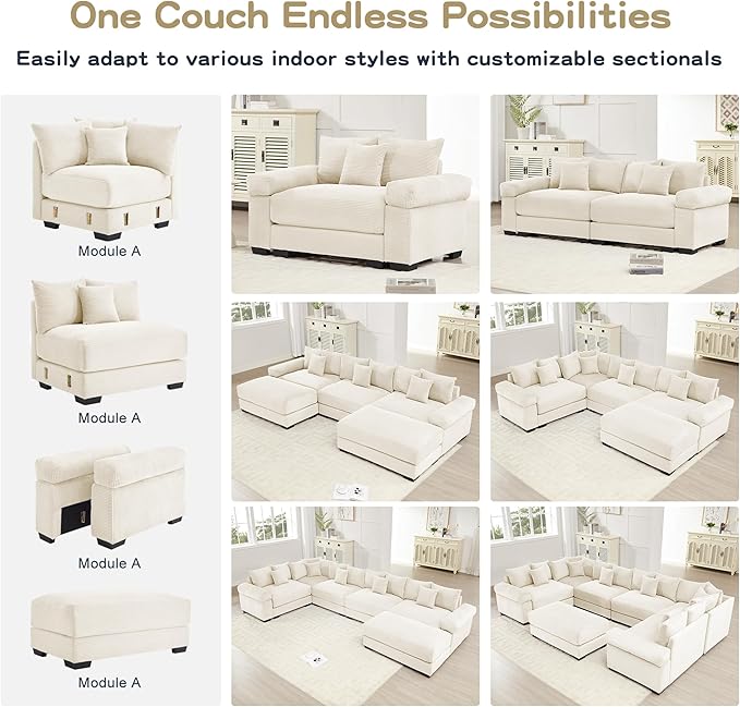 KEIKI 168" L-Shaped Oversized Corduroy Modular Cloud Sectional Sofa with 1 Ottoman, High-Density Foam Cushion, Extra-Thick Armrest, 4-Seater Fluffy Corner Couch with 12 Pillow, for Living Room, Beige