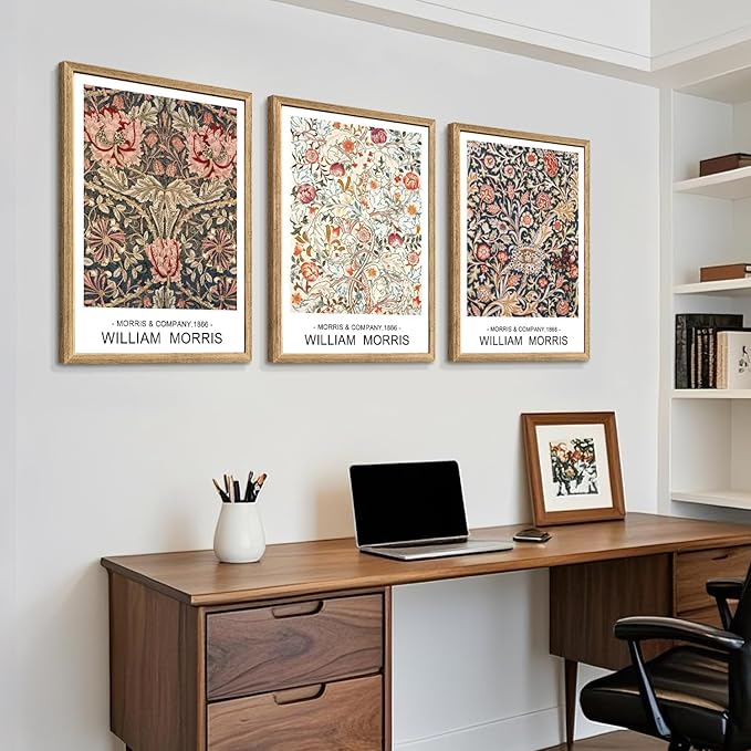 Cyebmo Wood Framed William Morris Wall Art Set of 3, Rustic Farmhouse Floral Wall Decor, Retro Flower Plants Aesthetic Picture, Vintage Botanical Art Prints for Living Room Bedroom Bathroom 16"x24"x3