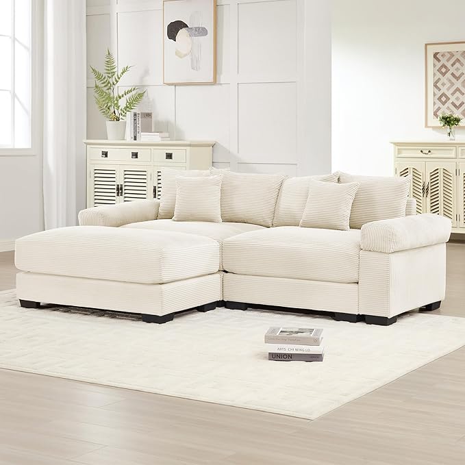 KEIKI 83" L-Shaped Oversized Corduroy Modular Sectional Loveseat Sofa with 1 Ottoman, High-Density Foam Cushion, Extra-Thick Armrest, 2-Seater Fluffy Corner Couch with 6 Pillow, for Living Room, Beige