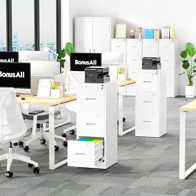 Bonusall Vertical File Cabinet with Lock 3 Drawer Locking Vertical Filing Cabinets,Metal Office File Cabinet Horizontal Filing Organizer with Hanging Rack for Legal/Letter Size, White