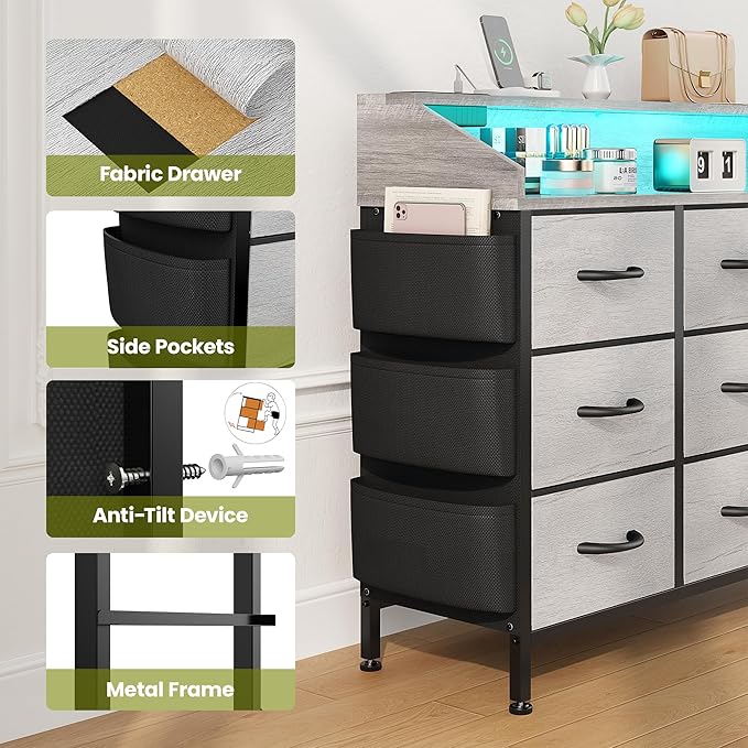 Lulive Dresser TV Stand for Bedroom with 9 Drawers - Chest of Drawers with LED Light & Charging Station - Living Room Hallway Closet Nursery (Grey)