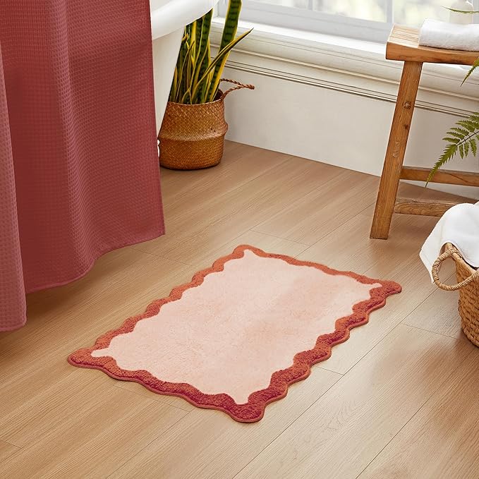 MONDAY MOOSE Bath Mat with Scalloped Wavy Ripple Design, Microfiber Absorbent Non Slip Tufted Rug for Floor, Shower or Kitchen (16x24 inch, Blush)