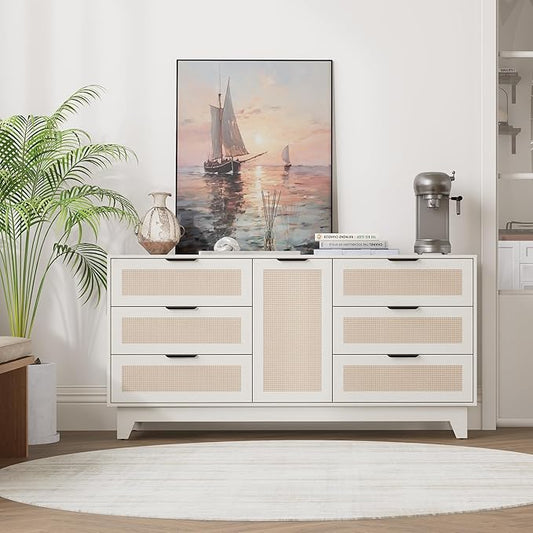 White Rattan Dresser,6 Drawers Dresser for Bedroom,55 "L Large Storage,Boho Farmhouse Style,TV Stand,Hallway,Entryway
