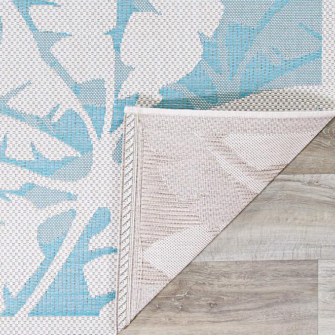 Couristan Monaco Indoor Outdoor Area Rug – Coastal Flora 8'6" x 13' in Ivory Turquoise – Flatwoven, Hose Washable, Pet Friendly Rug for Patio, Porch and Home Decor