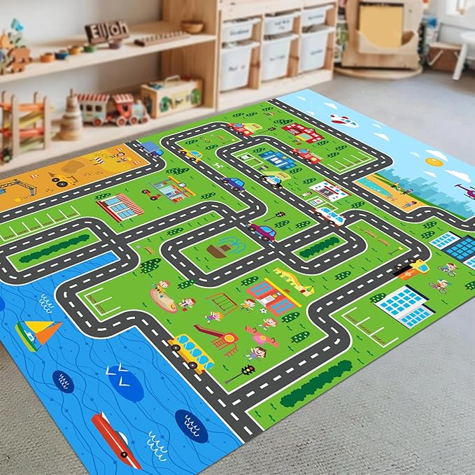 Kids Playmat Car Rug, Kids Play Rugs Town City Road Map Rug, Large Educational Car Mat, Boys Track Play Mat, Kid Rugs for Playroom Bedroom Living Room (Style 1, 78.7X 59 INCH)