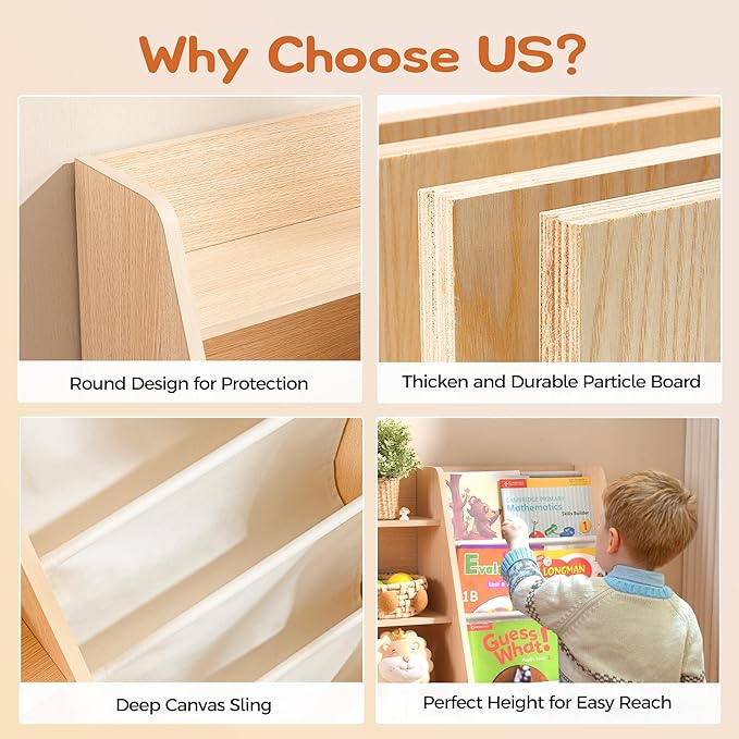 3 Tier Kids Wooden Bookshelf Baby Toddler Bookshelf and Toy Storage Organizer with Three Layer Sling Bookcase for Kids Room Playroom Nursery Classroom