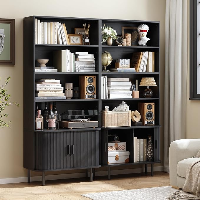 71" Tall Bookshelf, 4-Tier Bookcase with Storage Cabinet & Adjustable Shelves, Floor Standing Wooden Bookshelf with Sliding Door and Adjustable Footpad, for Home Office, Living Room, Black