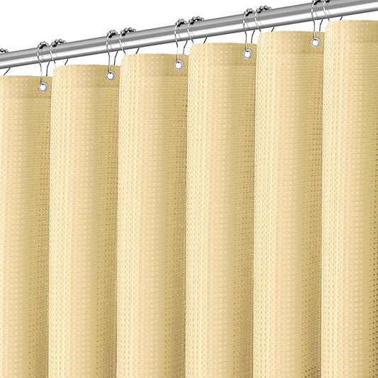 Beige Shower Curtain 256GSM Heavy Duty Waffle Woven Bathroom Shower Curtains, Weighted Fabric for Hotel Spa Luxury Polyester Bath Curtain with 12 Hooks, 72Wx72H
