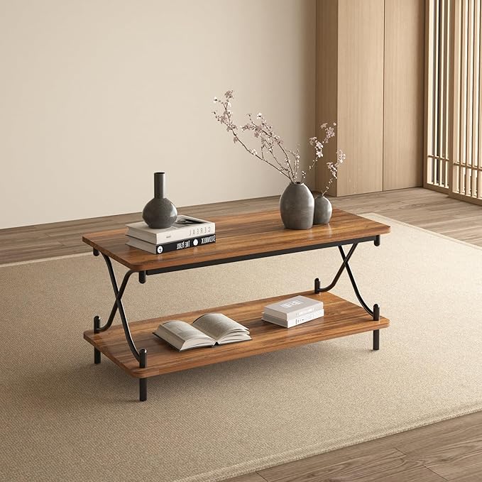 VECELO 39-Inch Coffee Table with Storage and Open Shelves for Living Dining Room, Modern Rectangle & Industrial Design, X-Shape Frame, Brown