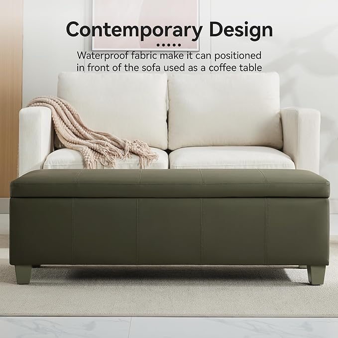 51" Faux Leather Storage Ottoman, Stitch Tufted Rectangle Upholstered End of Bed Storage Bench, Entryway Large Couch Ottoman with Wooden Legs,Green