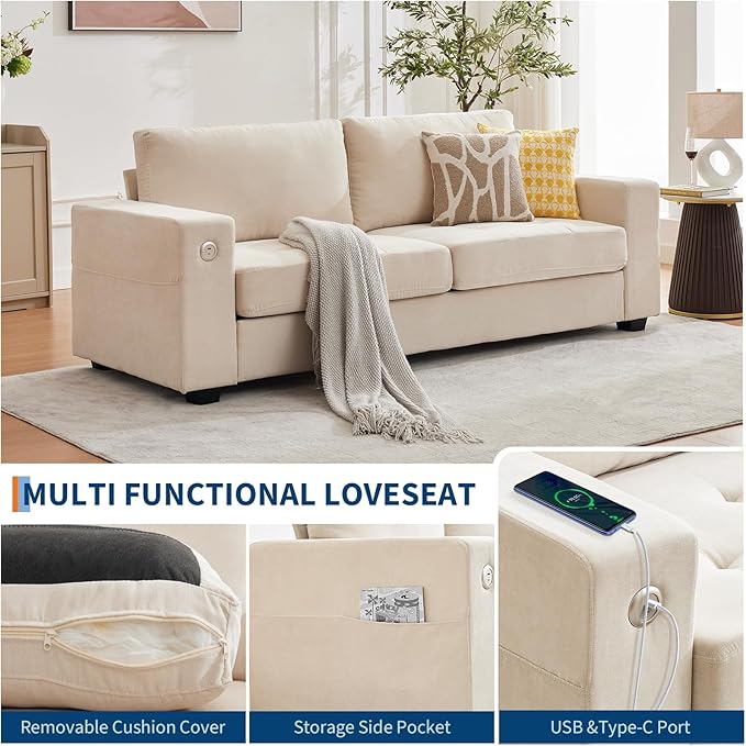 Garvee 90" Chenille Fabric Sofa Modern Comfort Sofa with USB/Type-C Ports, Deep Seat Cushions, Removable Cover, Wide Armrests Ideal for Living Rooms, Small Spaces, and Apartments - Beige