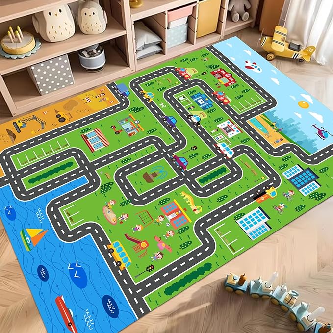Kids Playmat Car Rug, Kids Play Rugs Town City Road Map Rug, Large Educational Car Mat, Boys Track Play Mat, Kid Rugs for Playroom Bedroom Living Room (Style 1, 78.7X 59 INCH)