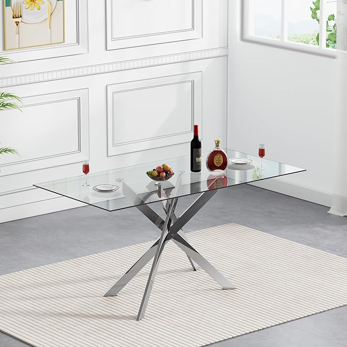 Goujxcy 5 Piece Glass Dining Table Set Modern Glass Dining Table Set for 4, 51" Rectangular Kitchen Table and 4 Velvet Upholstered Chairs for Kitchen Dining Room, Silver Table & Blue Chair