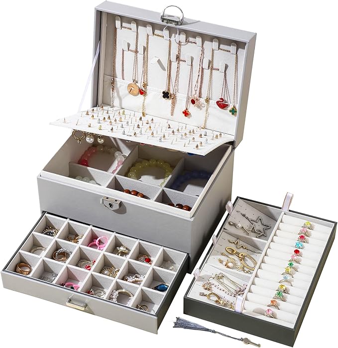 BOOVO Earring Jewelry Box For Women Girl Stud Organizer, 5 Layers Girl Jewelry Organizer Box With Lock Earring Holder Organizer Necklace Ring Jewelry Organizer Box For Girls (grey)