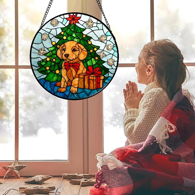 Stained Glass Window Hanging Green Christmas Tree Snowflake Dog 7.8" - Suncatcher Door Garden Sun Catcher Xmas Holiday Decor Birthday for Mom Men Woman Friend Nana