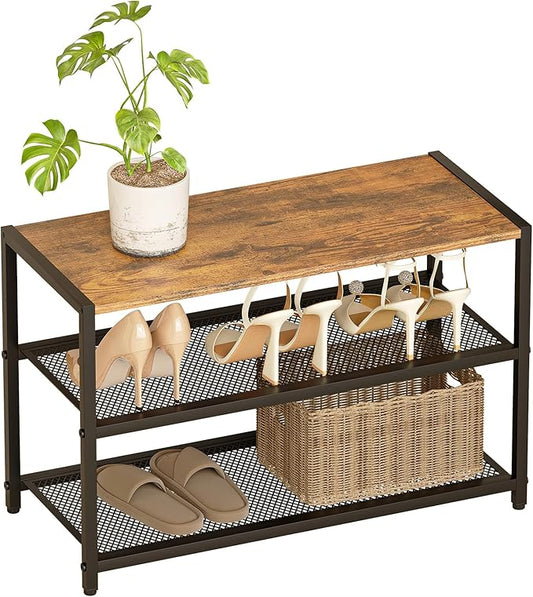 Shoe Rack, 3-Tier Shoe Shelf with Dense Metal Mesh, Durable Industrial Freestanding Shoe Rack for Front Door Entrance, Hallway, Entryway, Living Room, Bathroom (25"Wx11.02"Dx15.75"H Rustic)