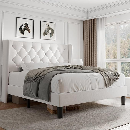 iPormis Full Size Velvet Platform Bed Frame with Button Tufted Headboard, Upholstered Bed Frame with Solid Wooden Slats, 8" Underbed Space, No Box Spring Needed, Noise Free, Easy Assembly, White