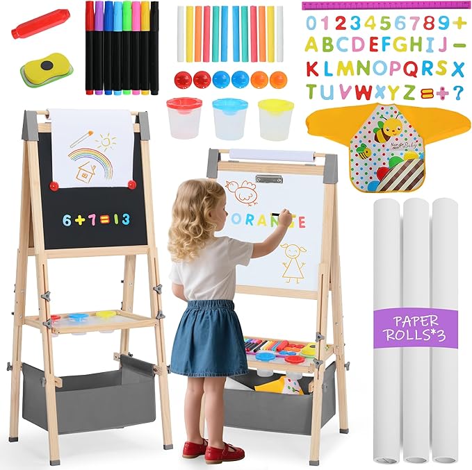 Kinder King Wooden Kids Easel, 3 in 1 Adjustable Art Easel for Kids, Double-Sided Magnetic Whiteboard & Chalkboard, Paper Roller, Art Supplies, Coloring Drawing Easel Toddler Gift Ages 3+, Grey