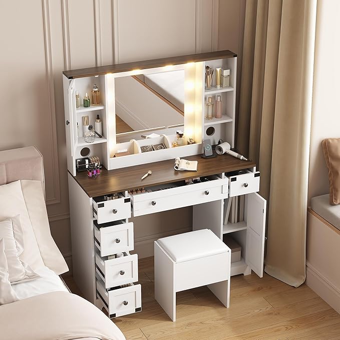IDEALHOUSE Farmhouse Vanity Desk with Mirror and Lights, White Makeup Vanity Set with Stool, Power Outlet, 3 Color Lighting Modes Bulbs, Drawers & Cabinets, Dressing Table for Bedroom, White