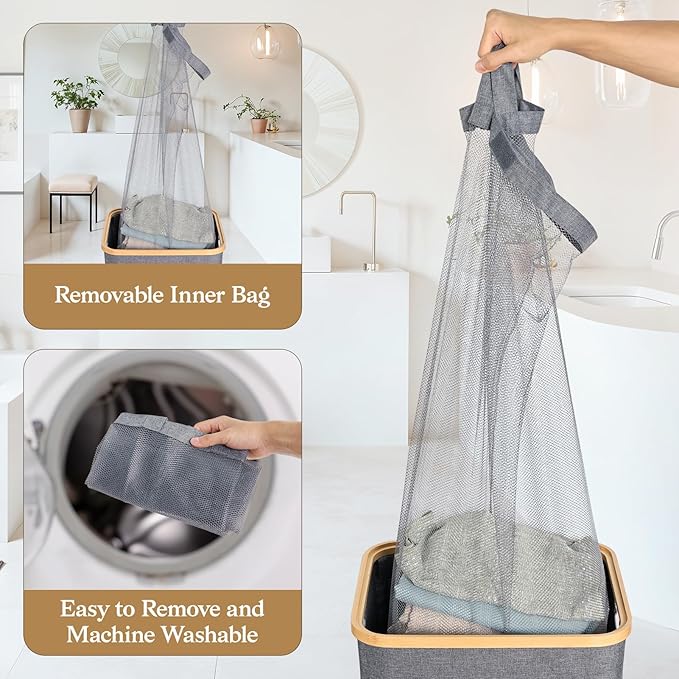 Laundry Hamper with Lid, Large Tall Clothes Basket Bin with Bamboo Handles, Collapsible Laundry Hamper for Bedroom, Bathroom, Dorm, Laundry Room, 100L Grey