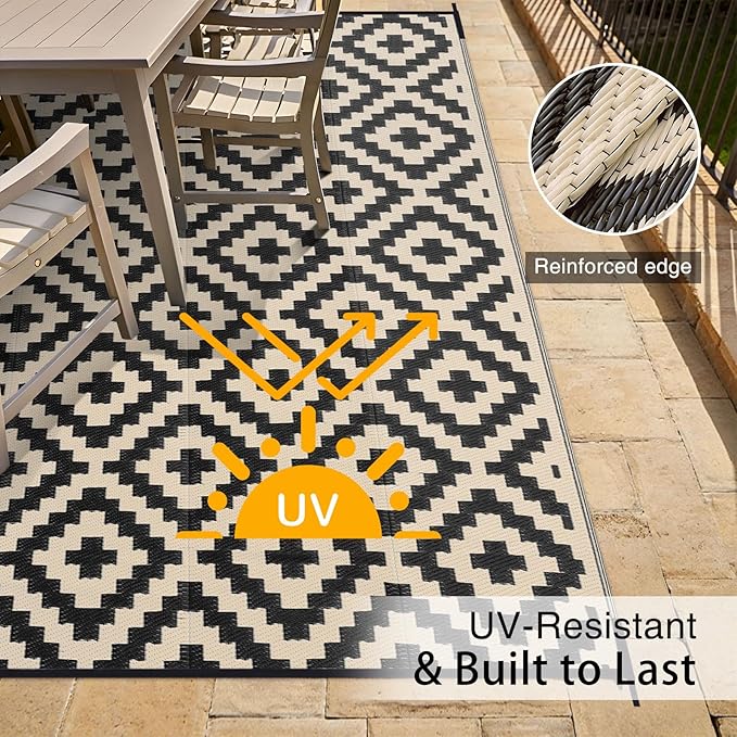 OLANLY Waterproof Outdoor Rug 9x12 ft, Outdoor Plastic Straw Rug for Camping, RV Mat Outside, Outdoor Carpet for Porch, Deck, Backyard, Balcony, Picnic, Black & Beige