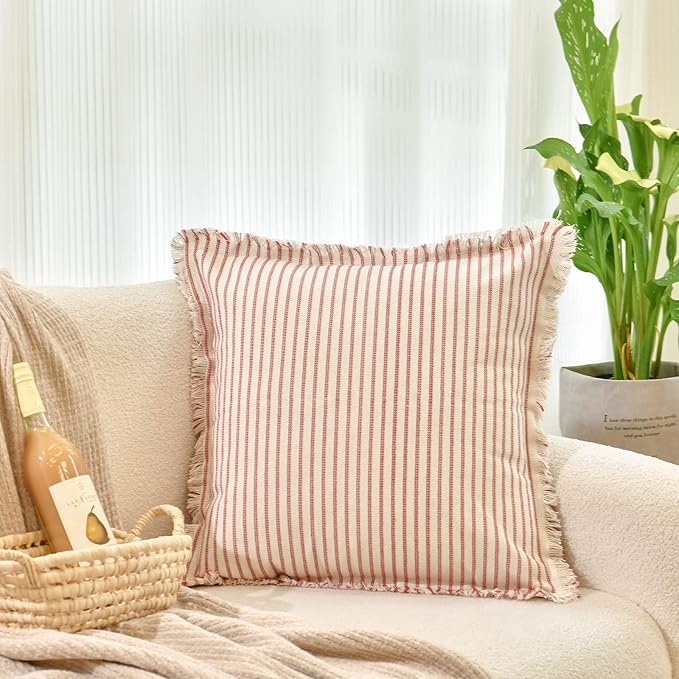 ZWJD Throw Christmas Pillow Covers 24x24 Set of 2 Striped Pillow Covers with Fringe Chic Cotton Decorative Pillows Square Cushion Covers for Sofa Couch Bed Living Room Farmhouse Decor