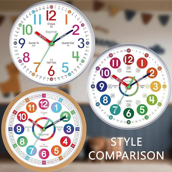 Learning Clock for Kids 12 Inch Learning to Tell Time Easily Colorful Teaching Time Clock Silent Non Ticking Battery Operated Decorative for Classroom School Kids Room Bedroom