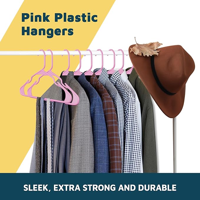 Plastic Clothes Hangers – Heavy Duty Hanger Set, for Organizing Clothes, Dresses, and Coat, Holds Up to 5 lbs, Space-Saving Hangers with Non-Slip Shoulder Grooves, Pack of 10, Pink
